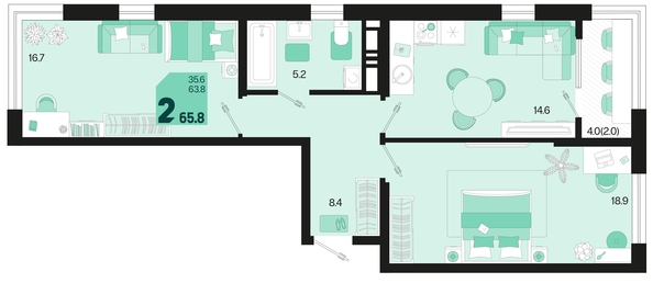 
   Продам 2-комнатную, 65.8 м², Первое место, квартал 1.1, литер 2

. Фото 1.