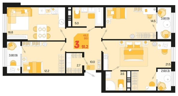 
   Продам 3-комнатную, 91.2 м², Первое место, квартал 1.1, литер 2

. Фото 1.