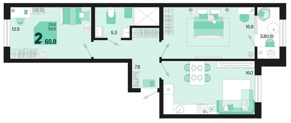 
   Продам 2-комнатную, 60.8 м², Первое место, квартал 1.3, литер 1

. Фото 1.