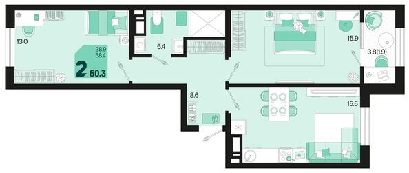 
   Продам 2-комнатную, 60.3 м², Первое место, квартал 1.3, литер 2

. Фото 1.