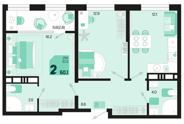 
   Продам 2-комнатную, 60.1 м², Первое место, квартал 1.3, литер 2

. Фото 1.