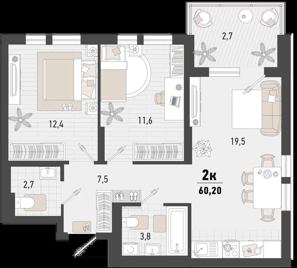 
   Продам 2-комнатную, 60.2 м², Барса, 4В литер

. Фото 1.