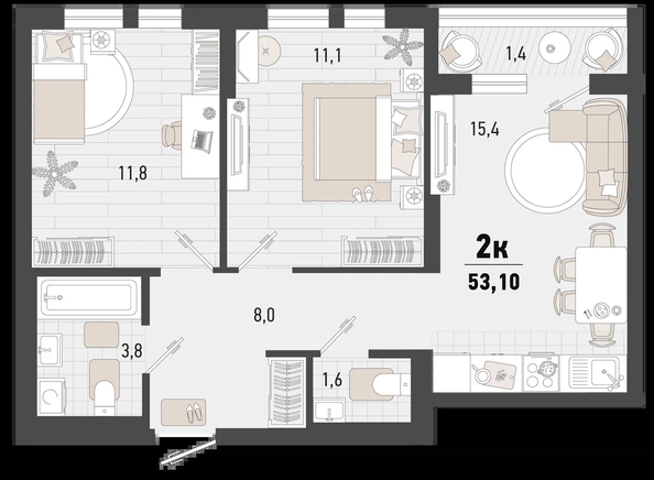 
   Продам 2-комнатную, 53.1 м², Барса, 4В литер

. Фото 1.