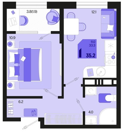
   Продам 1-комнатную, 35.2 м², Первое место, квартал 1.2, литер 1

. Фото 1.