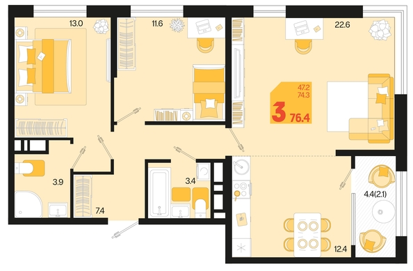 
   Продам 3-комнатную, 76.4 м², Первое место, квартал 1.2, литер 1

. Фото 17.