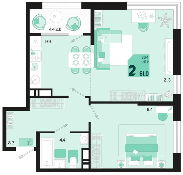 
   Продам 2-комнатную, 61 м², Первое место, квартал 1.2, литер 1

. Фото 1.