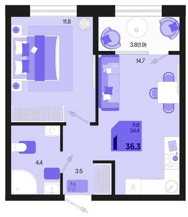 
   Продам 1-комнатную, 36.3 м², Первое место, квартал 1.2, литер 2

. Фото 1.