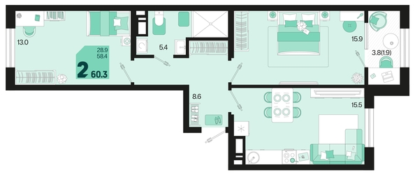 
   Продам 2-комнатную, 60.3 м², Первое место, квартал 1.2, литер 2

. Фото 1.