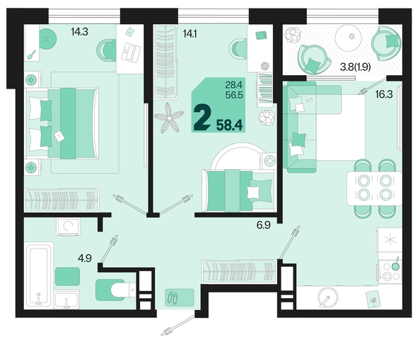 
   Продам 2-комнатную, 58.4 м², Первое место, квартал 1.2, литер 2

. Фото 1.