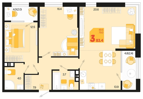 
   Продам 3-комнатную, 83.4 м², Первое место, квартал 1.2, литер 2

. Фото 1.