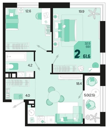 
   Продам 2-комнатную, 61.6 м², Первое место, квартал 1.2, литер 2

. Фото 1.