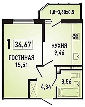 
   Продам 1-комнатную, 34.67 м², Героя Яцкова И.В. ул, 17/1

. Фото 11.