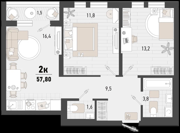 
   Продам 2-комнатную, 57.8 м², Барса, 3В литер

. Фото 1.