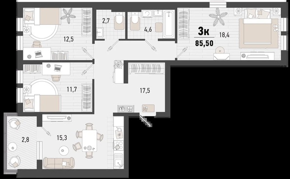 
   Продам 3-комнатную, 85.5 м², Барса, 3В литер

. Фото 2.