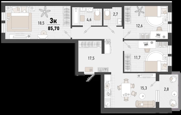 
   Продам 3-комнатную, 85.5 м², Барса, 3В литер

. Фото 3.