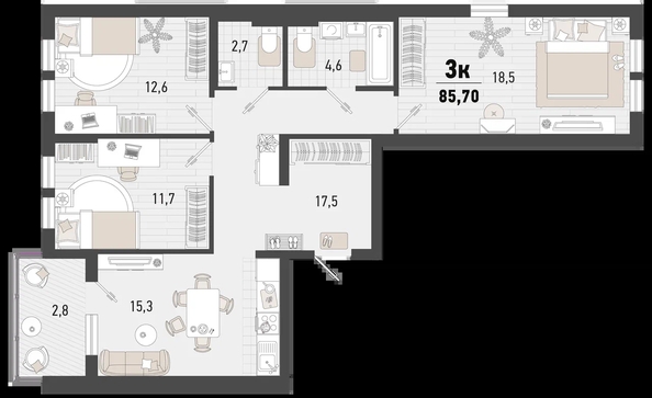 
   Продам 3-комнатную, 85.7 м², Барса, 4В литер

. Фото 2.