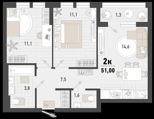 
   Продам 2-комнатную, 51 м², Барса, 4В литер

. Фото 2.