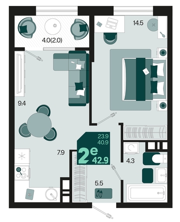 
   Продам 2-комнатную, 42.9 м², Первое место, квартал 1.3, литер 2

. Фото 1.