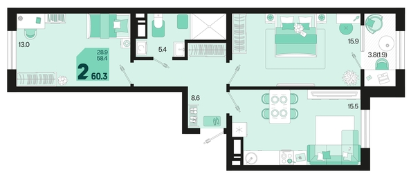 
   Продам 2-комнатную, 60.3 м², Первое место, квартал 1.1, литер 2

. Фото 17.