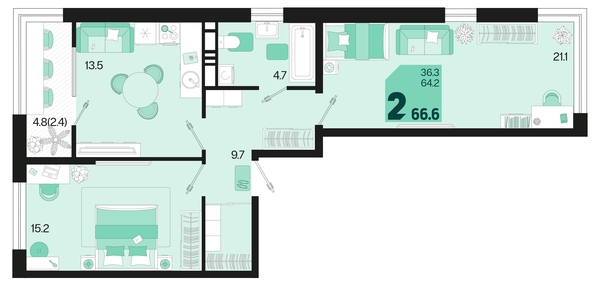 
   Продам 2-комнатную, 66.6 м², Первое место, квартал 1.1, литер 2

. Фото 1.