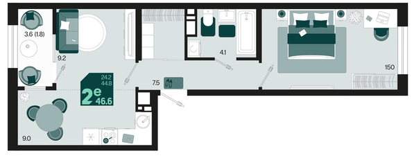 
   Продам 2-комнатную, 46.6 м², Первое место, квартал 1.3, литер 1

. Фото 12.