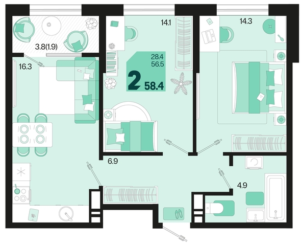 
   Продам 2-комнатную, 58.4 м², Первое место, квартал 1.10 литер 1

. Фото 1.