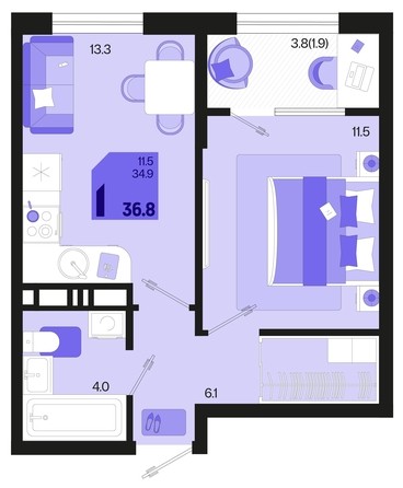 
   Продам 1-комнатную, 36.8 м², Первое место, квартал 1.10 литер 1

. Фото 1.