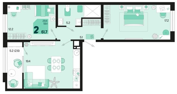 
   Продам 2-комнатную, 61.7 м², Первое место, квартал 1.10 литер 1

. Фото 1.