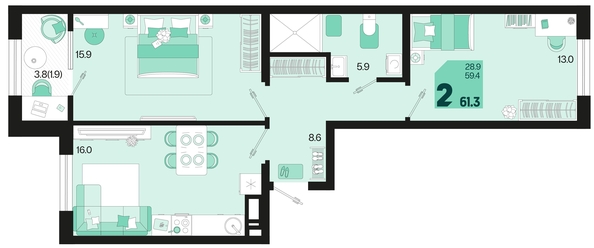 
   Продам 2-комнатную, 61.3 м², Первое место, квартал 1.10 литер 1

. Фото 1.