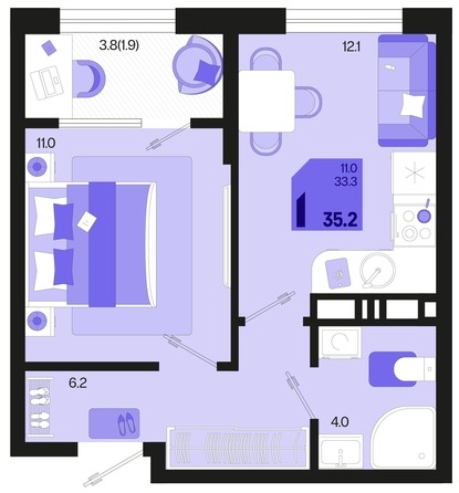 
   Продам 1-комнатную, 35.2 м², Первое место, квартал 1.10 литер 1

. Фото 1.