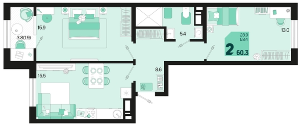 
   Продам 2-комнатную, 60.3 м², Первое место, квартал 1.10 литер 1

. Фото 12.