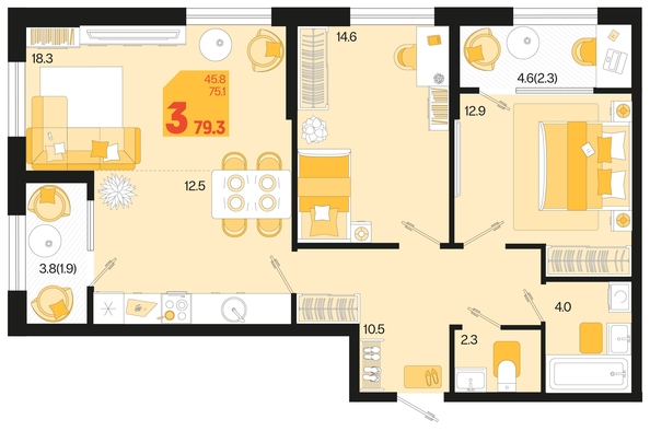 
   Продам 3-комнатную, 79.3 м², Первое место, квартал 1.10 литер 1

. Фото 1.