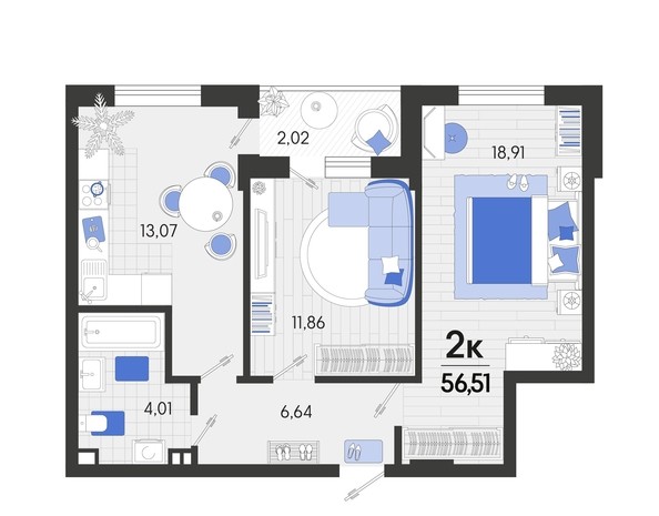 
   Продам 2-комнатную, 56.51 м², Белые росы, литера 8

. Фото 4.