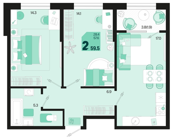 
   Продам 2-комнатную, 59.5 м², Первое место, квартал 1.3, литер 2

. Фото 2.