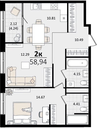 
   Продам 2-комнатную, 58.94 м², Патрики, литер 2

. Фото 7.