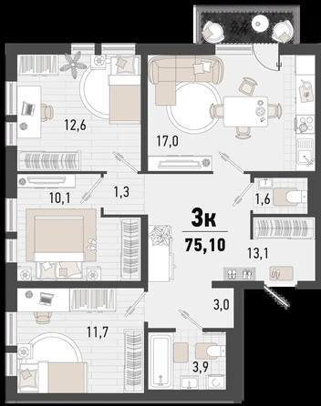 
   Продам 3-комнатную, 75.1 м², Барса, 1В литер

. Фото 1.