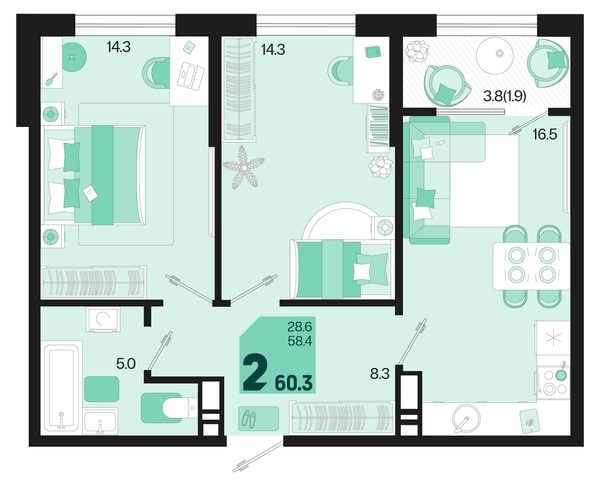 
   Продам 2-комнатную, 60.3 м², Первое место, квартал 1.1, литер 2

. Фото 23.