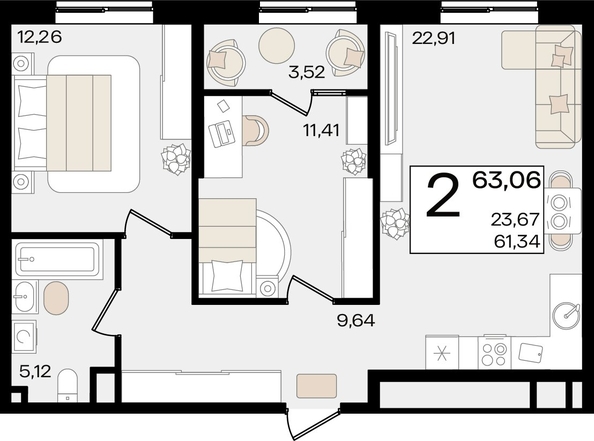 
   Продам 2-комнатную, 63.06 м², Патрики, литер 1.3

. Фото 7.