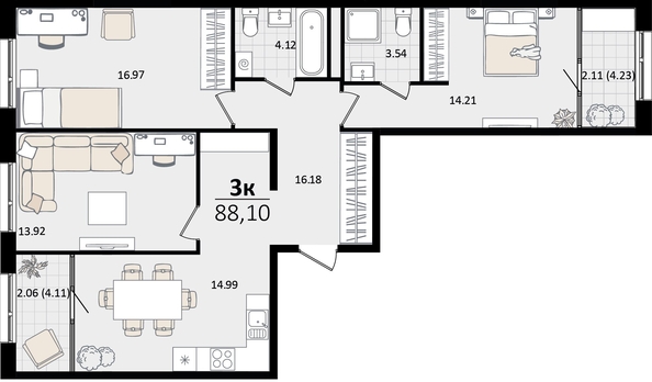 
   Продам 3-комнатную, 88.1 м², Патрики, литер 5.1

. Фото 7.