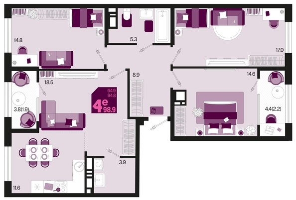 
   Продам 4-комнатную, 98.9 м², Первое место, квартал 1.1, литер 2

. Фото 7.