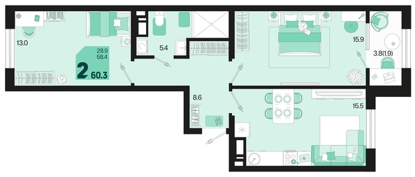 
   Продам 2-комнатную, 60.3 м², Первое место, квартал 1.3, литер 2

. Фото 1.