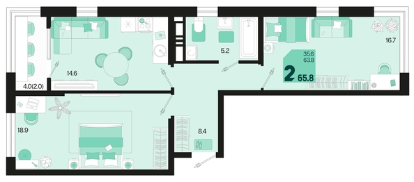 
   Продам 2-комнатную, 65.8 м², Первое место, квартал 1.2, литер 2

. Фото 1.