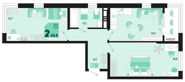 
   Продам 2-комнатную, 65.8 м², Первое место, квартал 1.2, литер 1

. Фото 2.