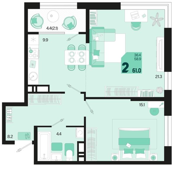 
   Продам 2-комнатную, 61 м², Первое место, квартал 1.2, литер 1

. Фото 2.