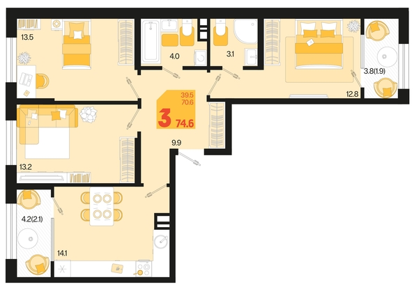 
   Продам 3-комнатную, 74.6 м², Первое место, квартал 1.1, литер 2

. Фото 1.