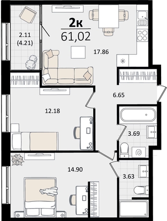 
   Продам 2-комнатную, 61.02 м², Патрики, литер 2

. Фото 8.