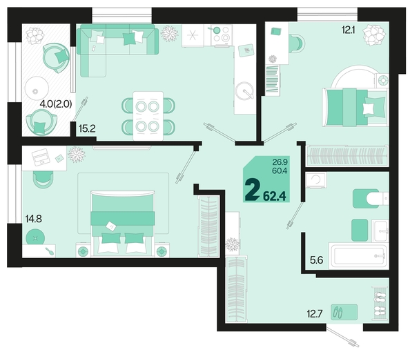 
   Продам 2-комнатную, 62.4 м², Первое место, квартал 1.1, литер 1

. Фото 2.