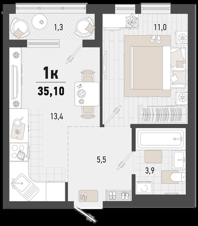 
   Продам 1-комнатную, 35.1 м², Барса, 4Б литер

. Фото 2.