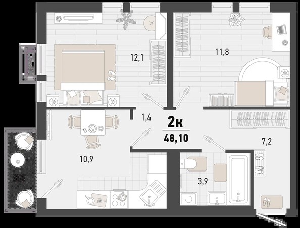 
   Продам 2-комнатную, 48.1 м², Барса, 2В литер

. Фото 1.