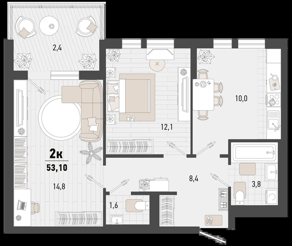 
   Продам 2-комнатную, 53.1 м², Барса, 3В литер

. Фото 2.